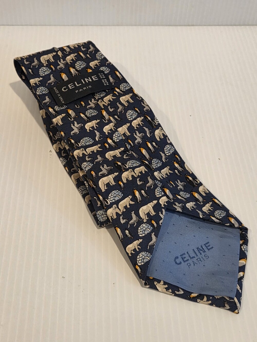 CELINE Paris Luxury Arctic Polar Bear Print Handmade Signature Silk Tie 3.5"